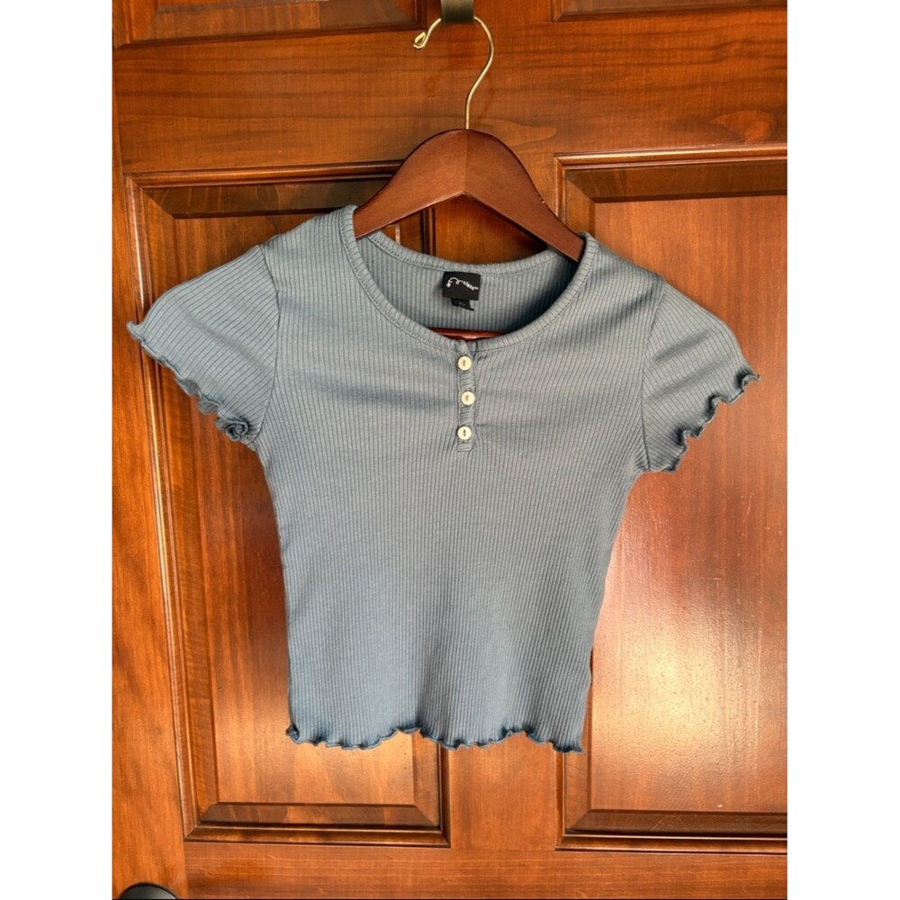 art class Ribbed Lettuce-Edge Henley Crop Top - Blue Gray-Girls Medium